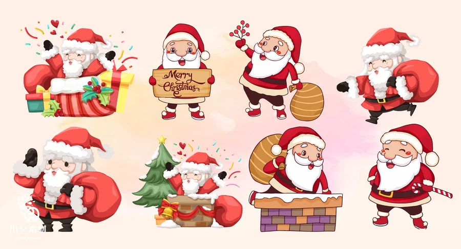 圣诞节平安夜圣诞老人麋鹿圣诞树雪人姜饼元素插画图案AI矢量素材【002】